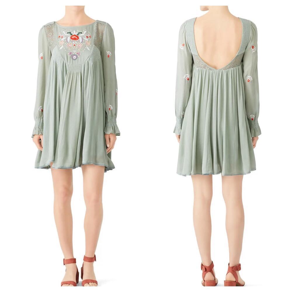 Free People Sage Green Embroidered Mini Dress